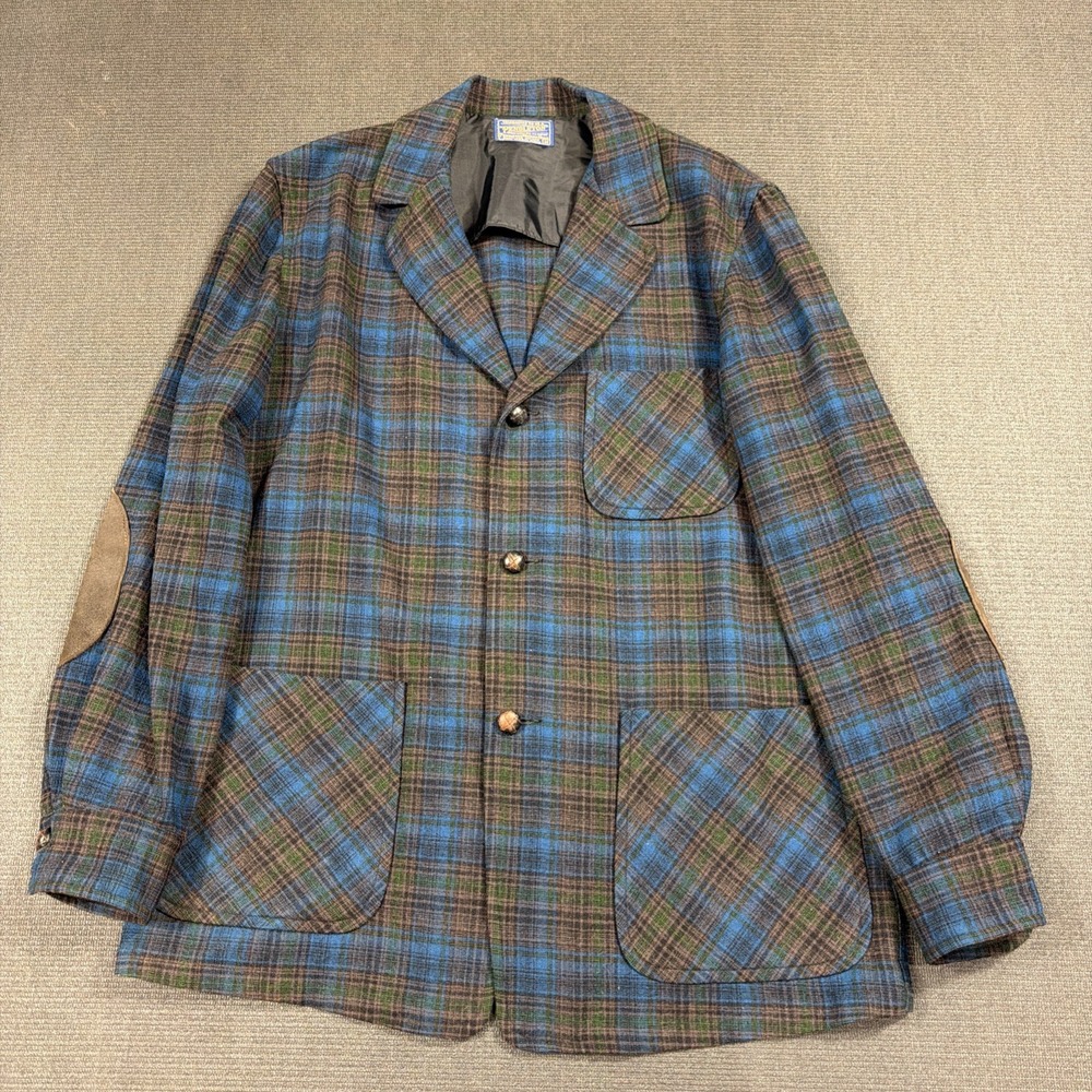 Vintage Pendleton Jacket Medium Blue Plaid 49er Field Chore Coat Wool 60s 70s